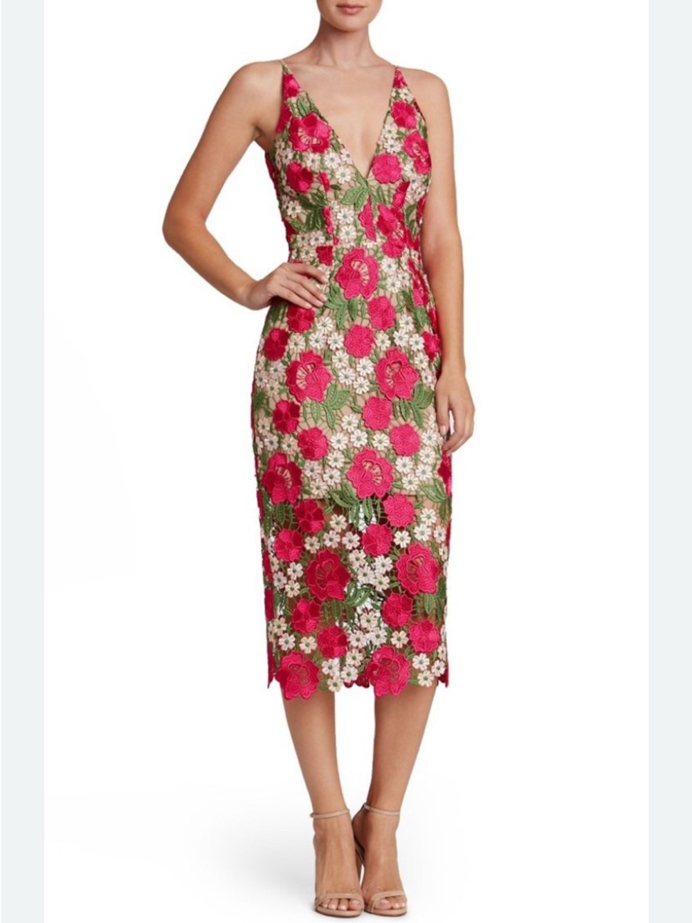 Aurora Floral Embroidered Sheath Midi Dress. Size 2